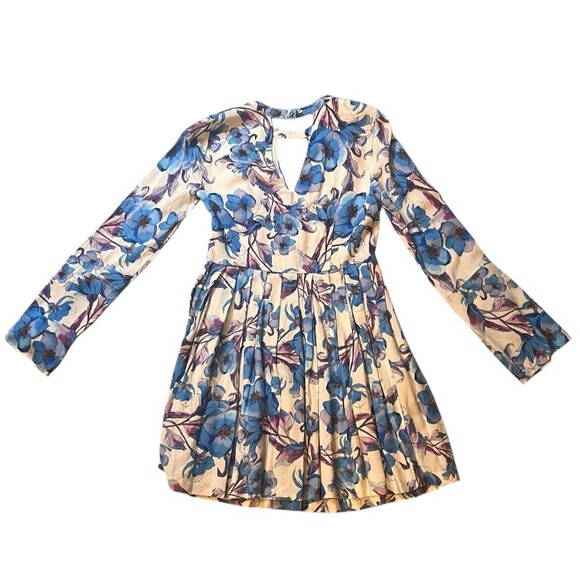 Free People Tegan White Blue Floral Long Sleeve Keyhole Short Mini Dress Size 2 - Picture 2 of 6